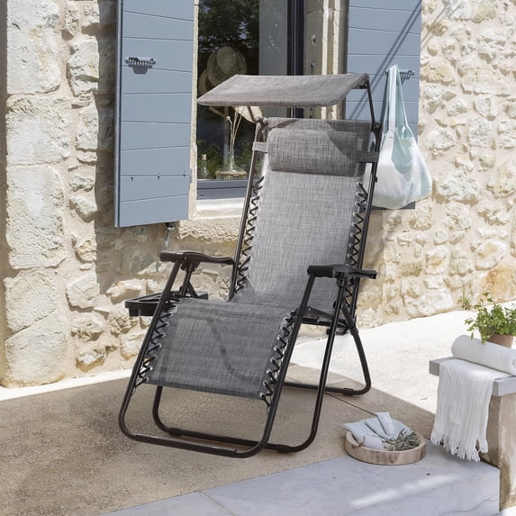 Vineego Patio Zero Gravity Chair Outdoor Folding Recliner Lounge Chair with Attachable Sunshade Canopy and Holder, Gray