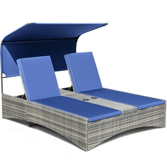 Devoko Rattan Double Lounge Chaise, Adjustable Backrest Daybed with Sunshade and Cup Holder for Deck, Poolside, Balcony,blue