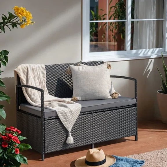 Vineego Outdoor rattan love seat Patio Furniture Loveseat with Base Storage Rattan Sofa,Black & Gray