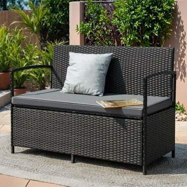 Devoko Rattan Loveseat with Base Storage, Black/Gray