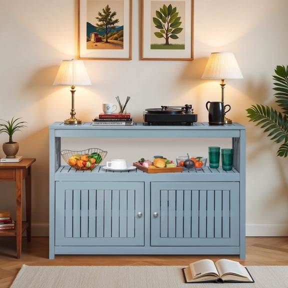 Vineego Sideboard Cabinet Weatherproof Acacia Wood Cabinet with Double Door Used for indoor Outdoor Storage, Kitchen, Buffet Cabinet,Gray