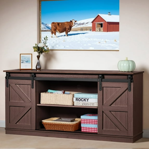 Devoko Sliding Barn Door TV Stand, Storage Space with Adjustable Divider for TVs up to 70 ", Espresso