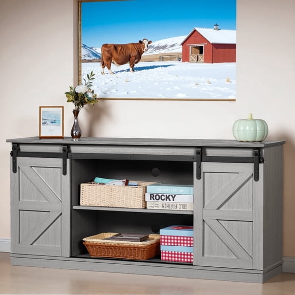 Devoko Sliding Barn Door TV Stand, Storage Space with Adjustable Divider for TVs up to 70 ", Gray