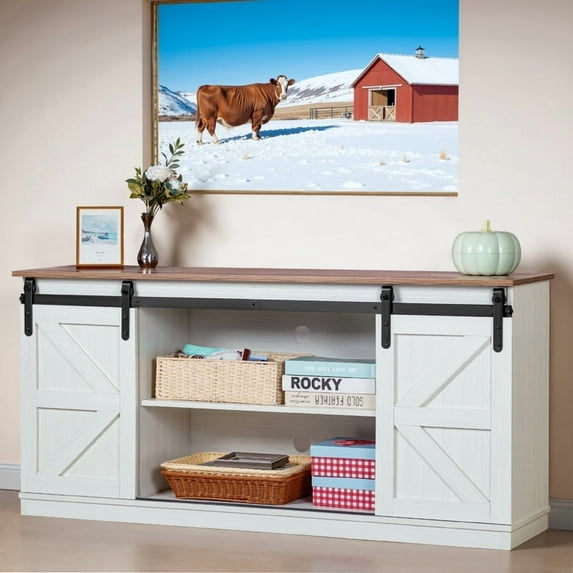 Devoko Sliding Barn Door TV Stand, Storage Space with Adjustable Divider for TVs up to 70 ", White