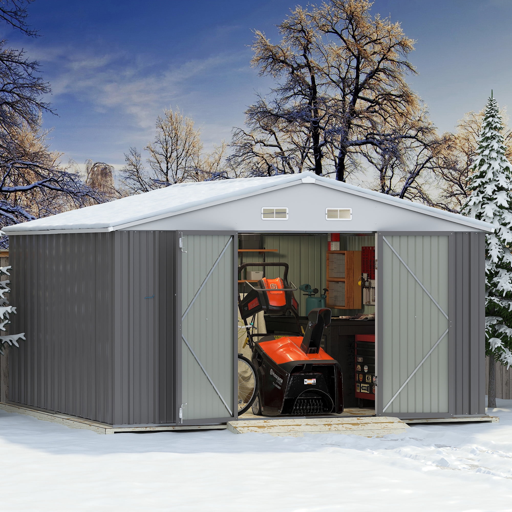 Devoko 10x10ft Metal Storage Shed, Large Outdoor Garden Shed with Lockable Door, Durable Steel Utility Shed for Backyard, Gray