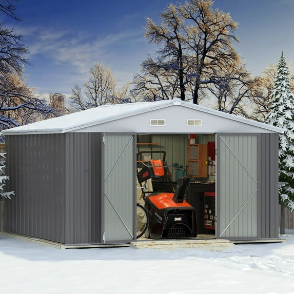 Devoko 10x10ft Metal Storage Shed, Large Outdoor Garden Shed with Lockable Door, Durable Steel Utility Shed for Backyard, Gray