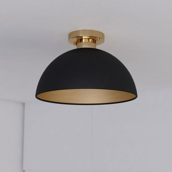 Devon 12.75-in W LED Compatible Matte Black and Gold Satin Brass Mid-Century Modern Semi Flush Mount Ceiling Light