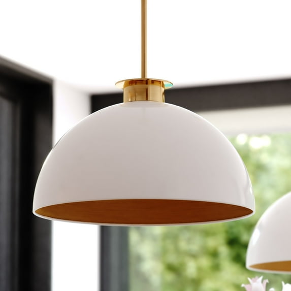 Devon 1L LED Compatible Glossy White and Gold Satin Brass Mid-Century Modern Pendant Light