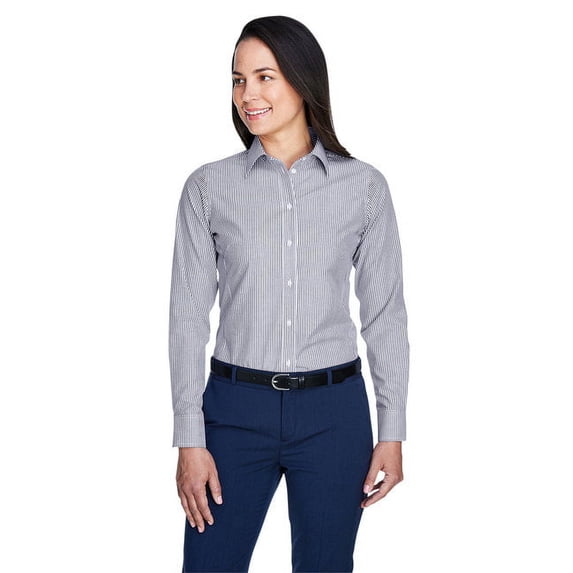 Devon & Jones D645W Women's Crown Collection Banker Stripe Woven Dress Shirt-Navy-L
