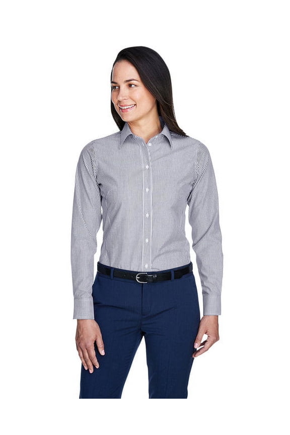 D645W Women's Crown Collection Banker Stripe Woven Dress Shirt-Navy-XL