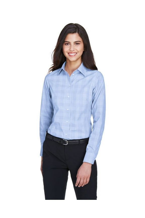 DG520W Women's Crown Collection Glen Plaid Woven Dress Shirt-White/ Light French Blue/ French Blue-XL