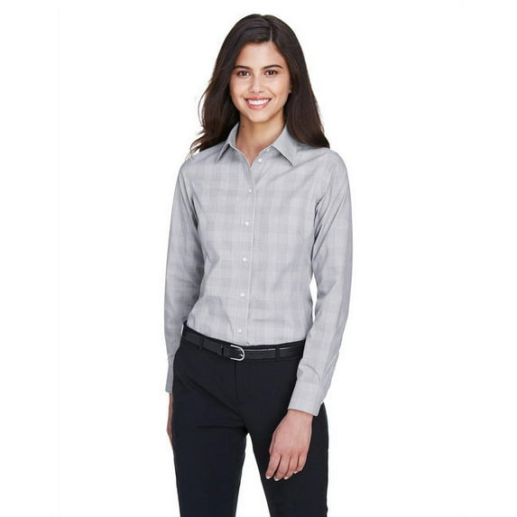 Devon & Jones DG520W Women's Crown Collection Glen Plaid Woven Dress Shirt-White/ Graphite/ Grey Heather-3XL