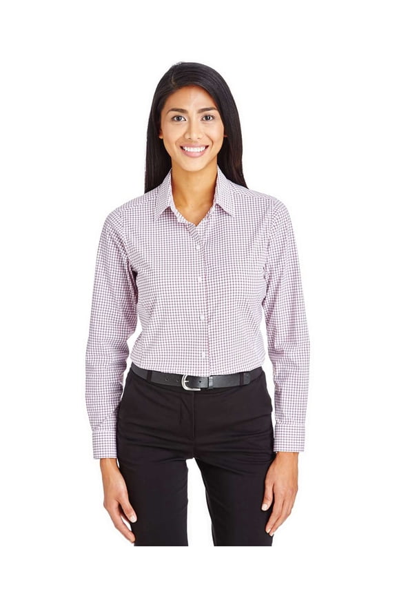 DG540W Women's CrownLux Performance Micro Windowpane Woven Dress Shirt-BURGUNDY/ WHITE-S