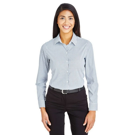 Devon & Jones DG540W Women's CrownLux Performance Micro Windowpane Woven Dress Shirt-Navy/ White-XS