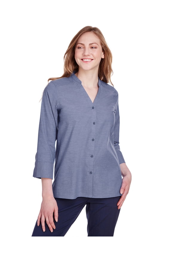 DG562W Ladies Crown Collection Stretch Pinpoint Chambray 3/4 Sleeve Blouse