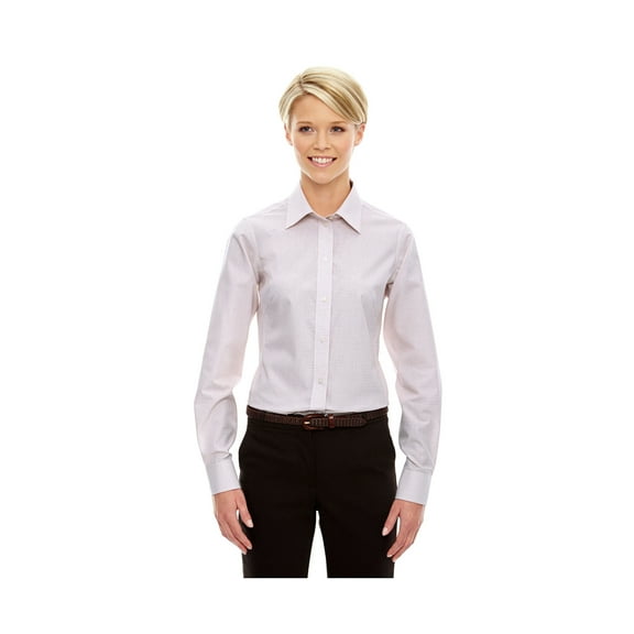 Devon & Jones Ladies Active Fit Tattersall Dress Shirt. DG510W, WHT/ BURG/ SLVR, S