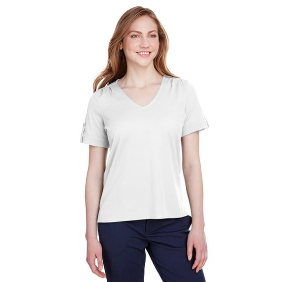 Devon & Jones Ladies' CrownLux Performance™ Plaited Rolled-Sleeve Top M WHITE