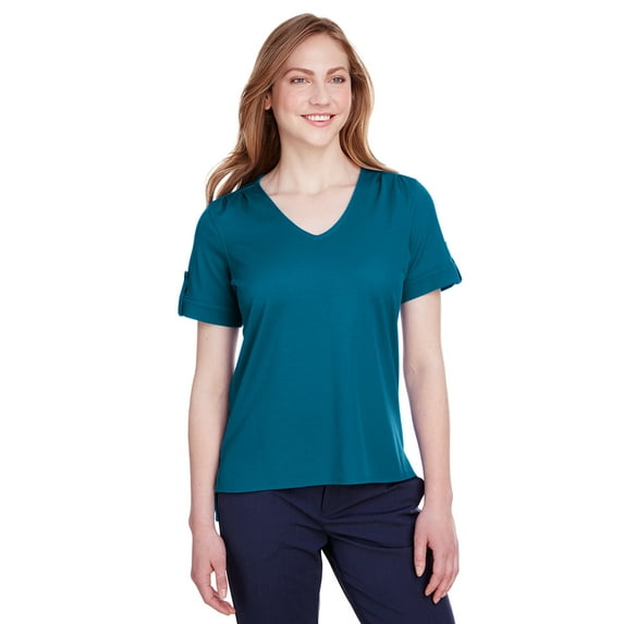 Devon & Jones Ladies CrownLux Performance Plaited Rolled-Sleeve Top XL DARK TEAL
