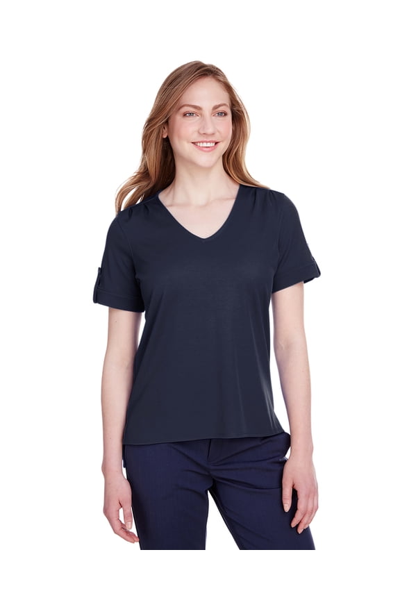 Ladies' CrownLux Performance Plaited Rolled-Sleeve Top XL NAVY