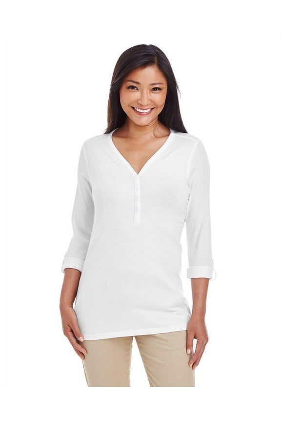 Ladies' Perfect Fitâ„¢ Y-Placket Convertible Sleeve Knit Top M WHITE