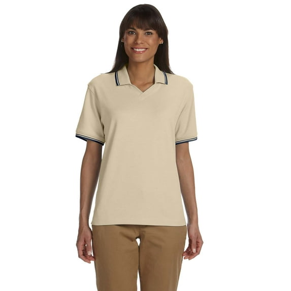 Devon & Jones Ladies' Tipped Perfect Pima Interlock Polo 2XL STONE/ NAVY