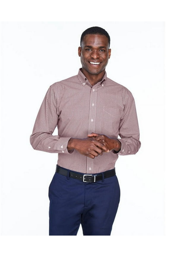 D640 Men's Crown Collection Gingham Check Woven Dress Shirt-Burgundy-XL