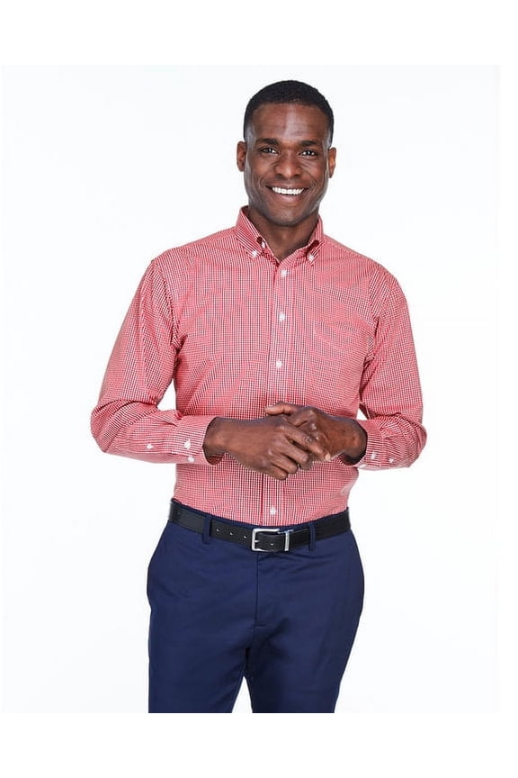 D640 Men's Crown Collection Gingham Check Woven Dress Shirt-Red-XL