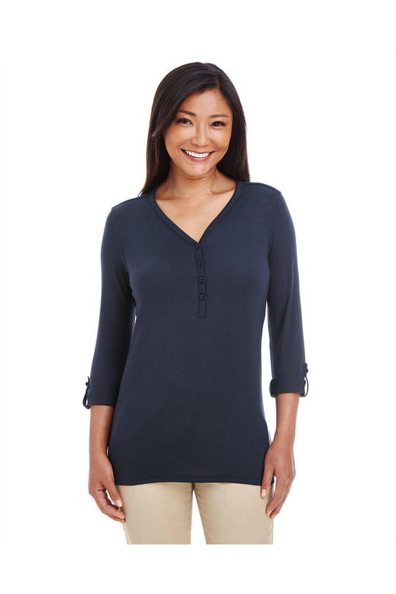 Womens Y-Placket Convertible Sleeve Knit Top, Navy, Small