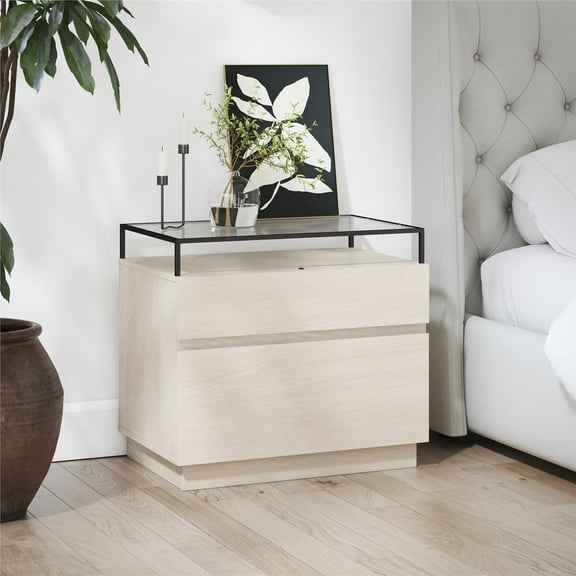 Devon Nightstand with Drawers, LED Lights and Glass Top, Eden Ash