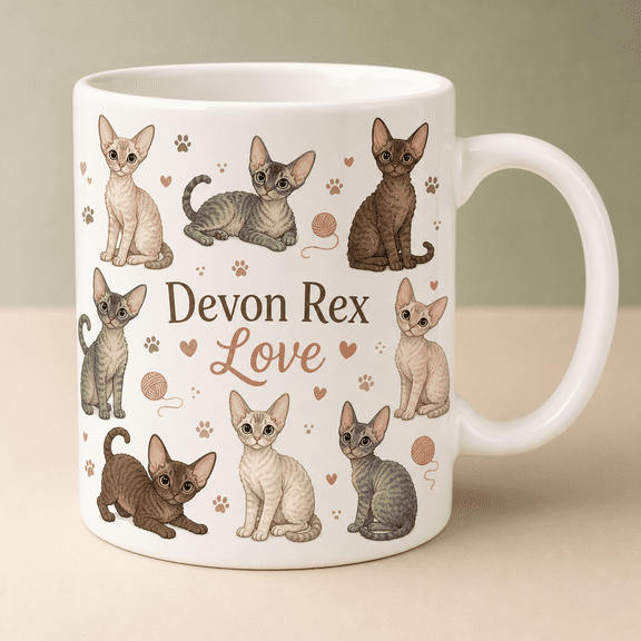 Devon Rex Cat Mug, 2D Flat Mug Gift for Devon Rex Cat Lovers