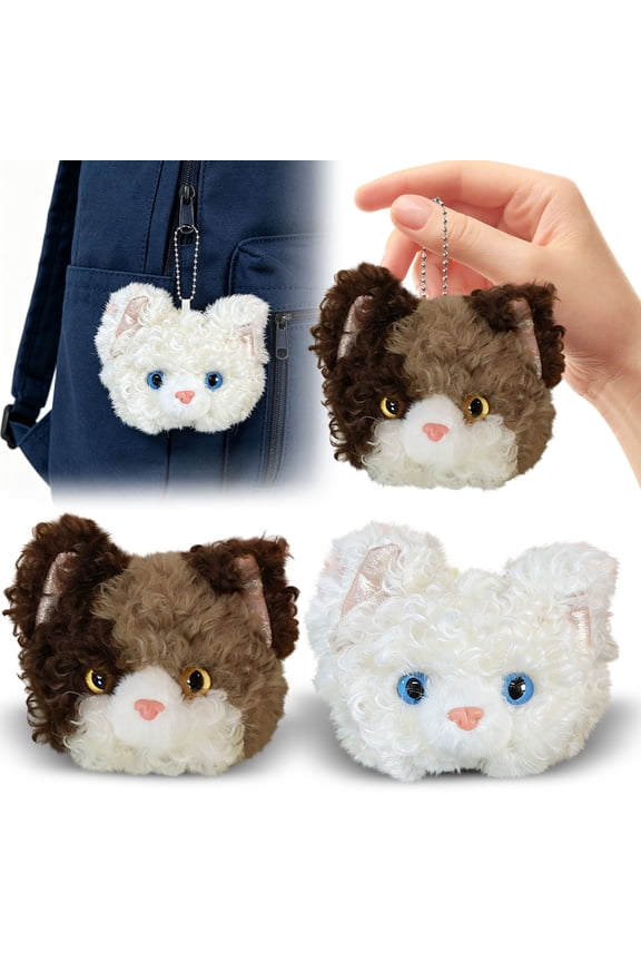 Devon Rex Cat Plush Toy, Cute Curly Hair Kitten Stuffed Animal Pendant, Soft PP Cotton Mini Doll for Bag Backpack Car Decor, Adorable Gift for Kids Cat Lovers Collectors, Brown White 10cm