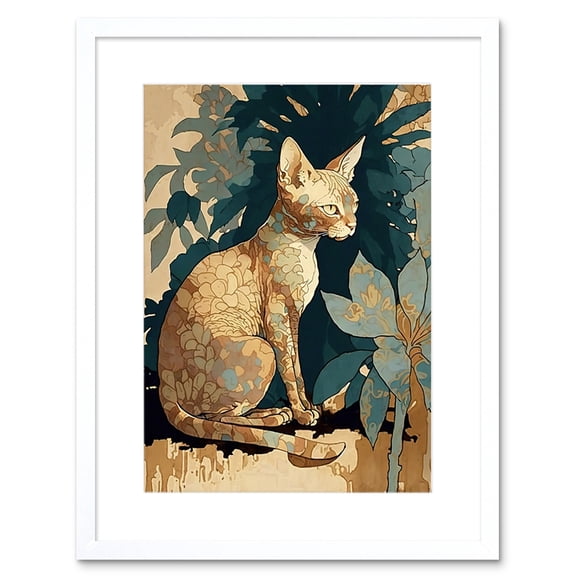 Devon Rex Cat with Flower Pattern Fur Modern Illustration Artwork Framed Wall Art Print 9X7 Inch