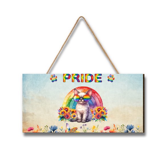 Devon Rex Celebrates Rainbow Pride Month LGBT LGBTQ+ Landscape Wood Sign Cat Lover Kitten Owner Gifts Hanging Wall Home Decor - 01003
