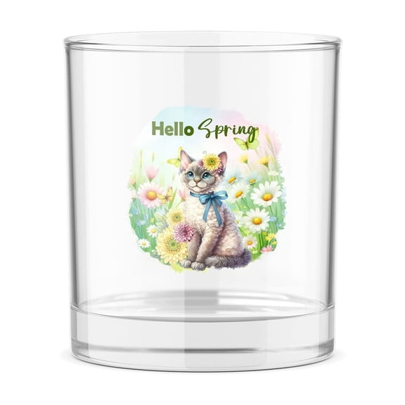 Devon Rex Hello Spring Time Flower Floral Nature 11oz Whiskey Glass Mug Cat Lover Kitten Owner Gifts Whiskey Cocktail Glasses Cup - 02031