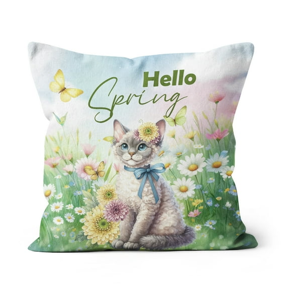 Devon Rex Hello Spring Time Flower Floral Nature Pillow Cushion Double Sided Cat Lover Kitten Owner Gifts Throw Pillow - 02031
