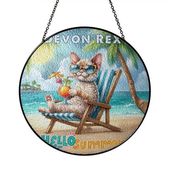 Devon Rex Hello Summer Beach Theme with Sunglasses and Tropical Cocktail Stained Glass Suncatcher Cat Lover Kitten Owner Gifts Window Hanging Sign Decor - 00009
