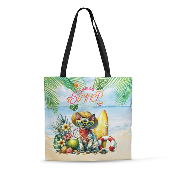 Devon Rex Hello Summer with Sunglasses and Surfboard Tropical Vibes All Over Print 3D Canvas Tote Bag Cat Lover Kitten Owner Gifts Reusable Handbag - 00007