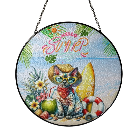 Devon Rex Hello Summer with Sunglasses and Surfboard Tropical Vibes Stained Glass Suncatcher Cat Lover Kitten Owner Gifts Window Hanging Sign Decor - 00007
