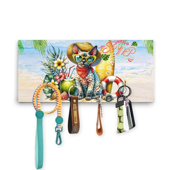 Devon Rex Hello Summer with Sunglasses and Surfboard Tropical Vibes Wood Key Holder Cat Lover Kitten Owner Gifts Wall-mounted Key Rack Home Decor - 00007