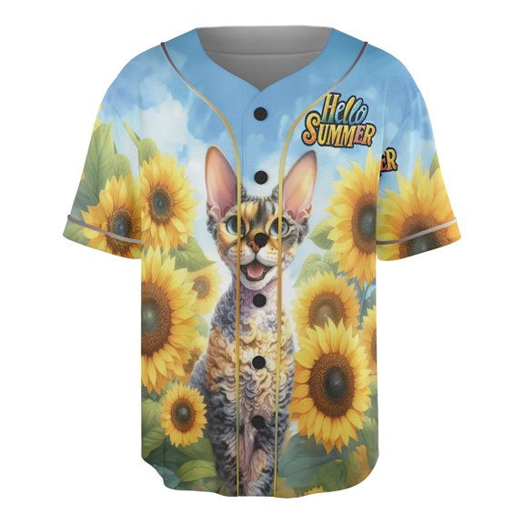 Devon Rex Hello Summer Sunshine Sunflowers Spring Retro Vintage All Over Print 3D Baseball Shirt Cat Lover Kitten Owner Gifts Softball Sport - 00008