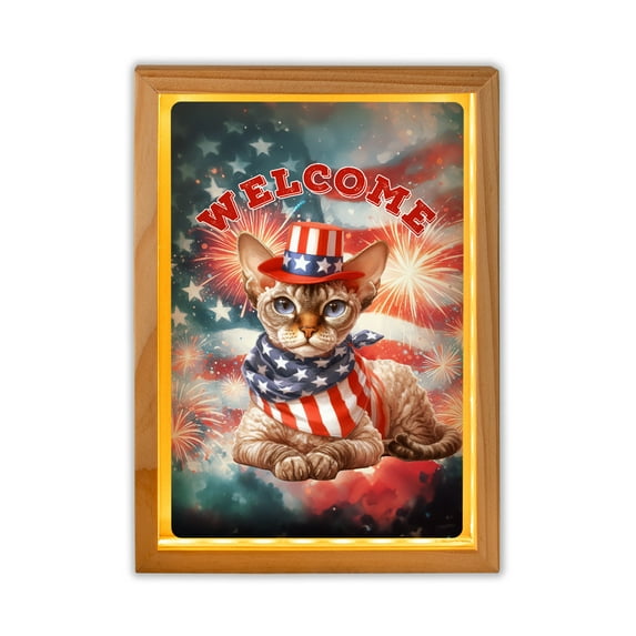 Devon Rex Patriotic Welcome for 4Th of July Independence Day Acrylic Plaque with Wood Photo Frame Box Cat Lover Kitten Owner Gifts Light Box - 00010
