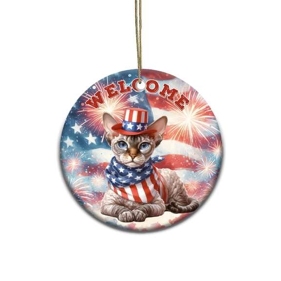 Devon Rex Patriotic Welcome for 4Th of July Independence Day Ceramic Round Ornament Cat Lover Kitten Owner Gifts Home Tree Decor - 00010