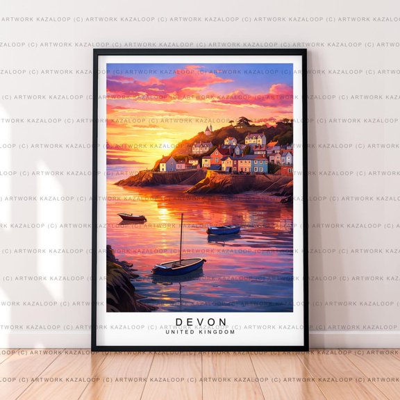 Devon Travel Port Town Illustration Poster, Travel Inspired Home And Office Decor