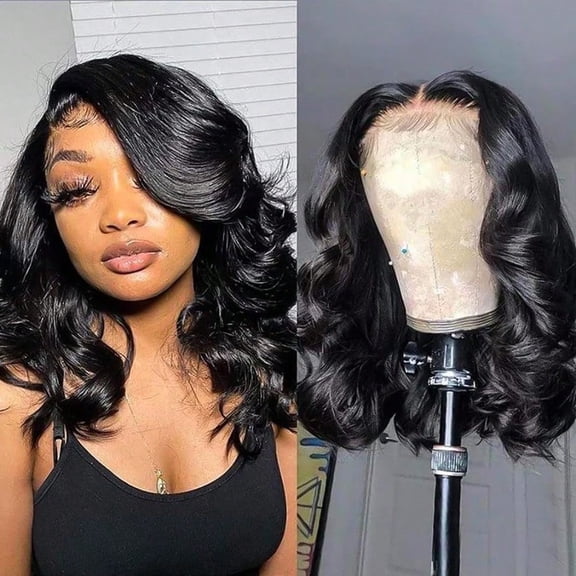 Devonia 14 Inch Bob Wig Human Hair 13x4 Body Wave Lace Front Wigs Human Hair Pre Plucked HD Frontal Lace Wig 180 Density Glueless Wigs For Women Bob Wigs Natural 1 B Color