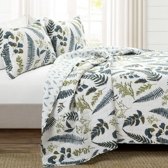 Devonia Allover Reversible Oversized Cotton Quilt White/Green 3Pc Set Full/Queen