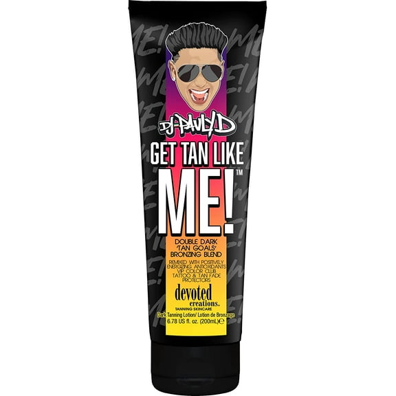 Devoted Creations DJ Pauly D Get Tan Like Me! Dark Tanning Lotion Double Dark Tan Goals Bronzing Blend Remixed with Positively Energizing Antioxidants VIP Color Club Tattoo and Tan Fade Protecto