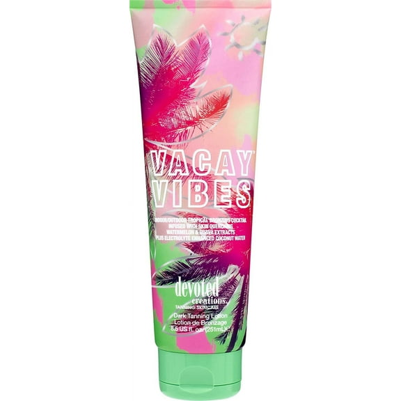 Devoted Creations Vacay Vibes Tanning Lotion Indoor/Outdoor Tropical Bronzing Cocktail Infused with Skin Quenching Watermelon and Guava Extracts, plus Electrolyte Enhanced Coconut Water ? 8.5 oz.