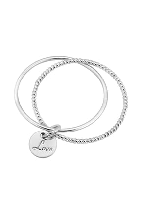 Devoted Love Disc Dangle Charm Connected Double Band Sterling Silver Ring-8
