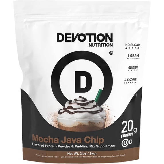 Devotion Nutrition Protein Powder Mocha Java Chip – 20g Whey Isolate & Casein Protein Blend – No Added Sugar, Low Carb, Gluten-Free, Keto-Friendly, 1g MCT, Kosher – 2lb Pouch