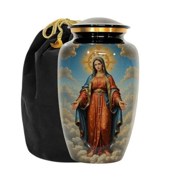 Devotional Religious Cremation Urn For Human Ashes with Sacred Art - Adult Size Urn Ashes - 200 Cubic Inches - Velvet Bag Included
